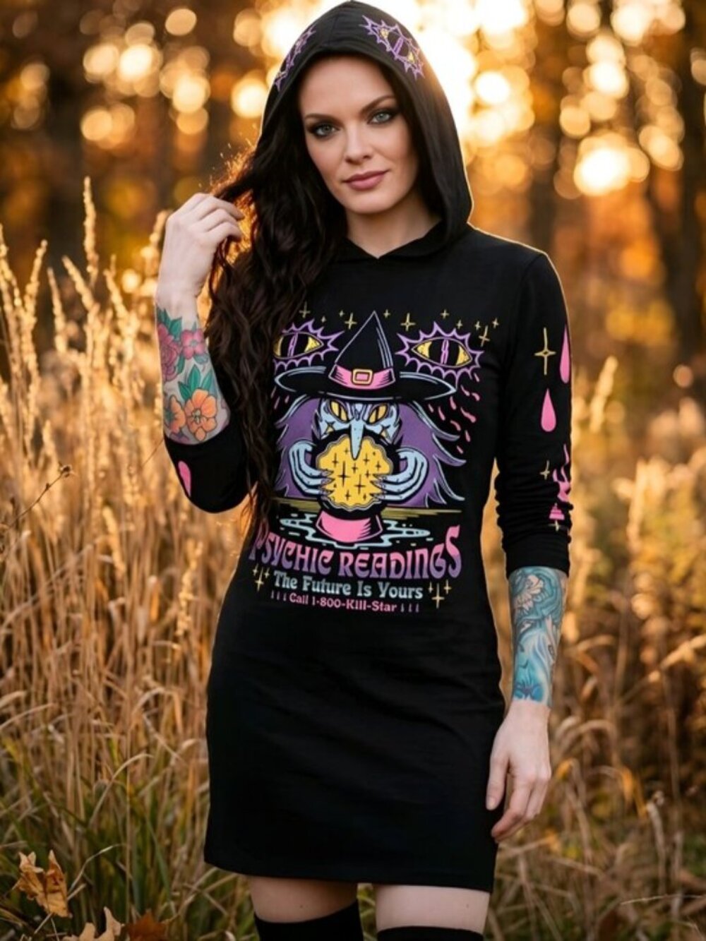 Killstar ✦ Crystal Gazer Hooded Dress ✦ Black Psychic Graphic Bell Sleeves M NWT - Picture 4 of 10